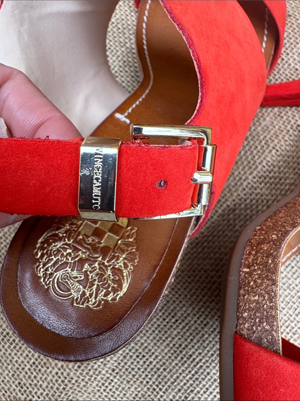 Vince Camuto Bright Red Suede Wide-Band Slingback Sandals - Picture 5 of 7